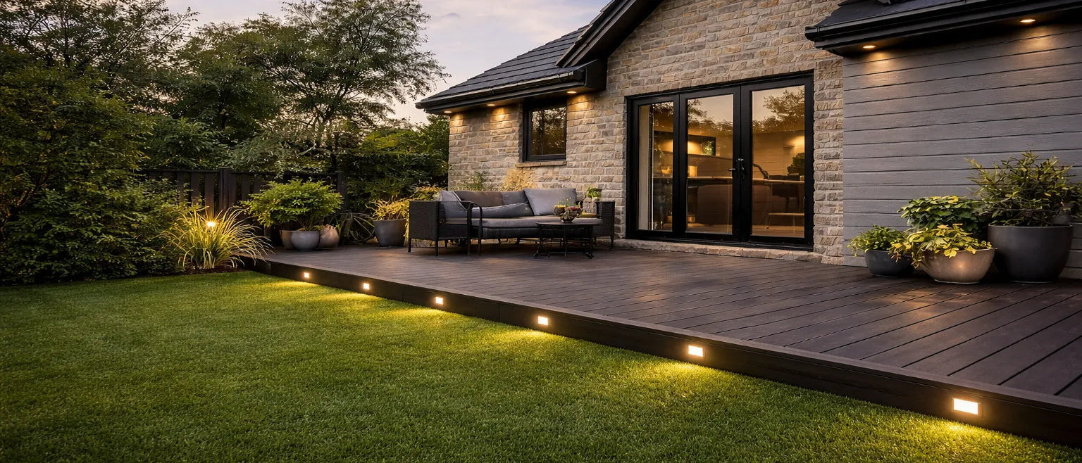 Outdoor patio area with a couch, table, and potted plants at dusk.