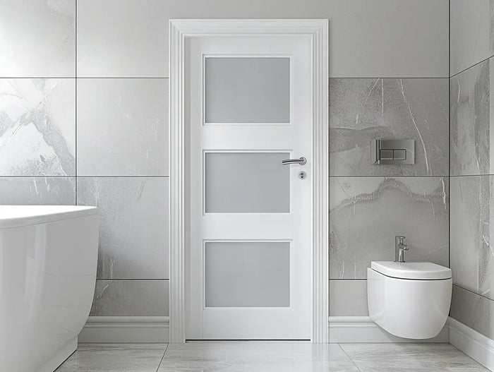 Modern bathroom with a white UPVC door, toilet, and bathtub.