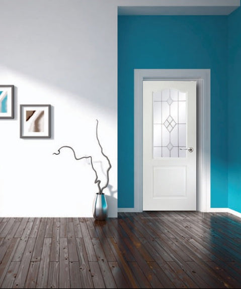 Modern interior design with a white door, blue accent wall, and wooden floor.