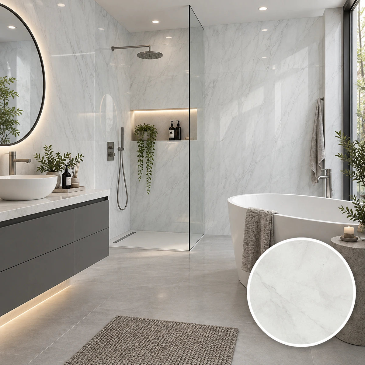 A modern bathroom interior with light marble-look wall and floor tiles, a glass shower enclosure, freestanding bathtub, vessel sink, and a circular inset showing a close-up of the tile surface.