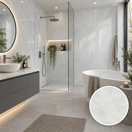 A modern bathroom interior with light marble-look wall and floor tiles, a glass shower enclosure, freestanding bathtub, vessel sink, and a circular inset showing a close-up of the tile surface.