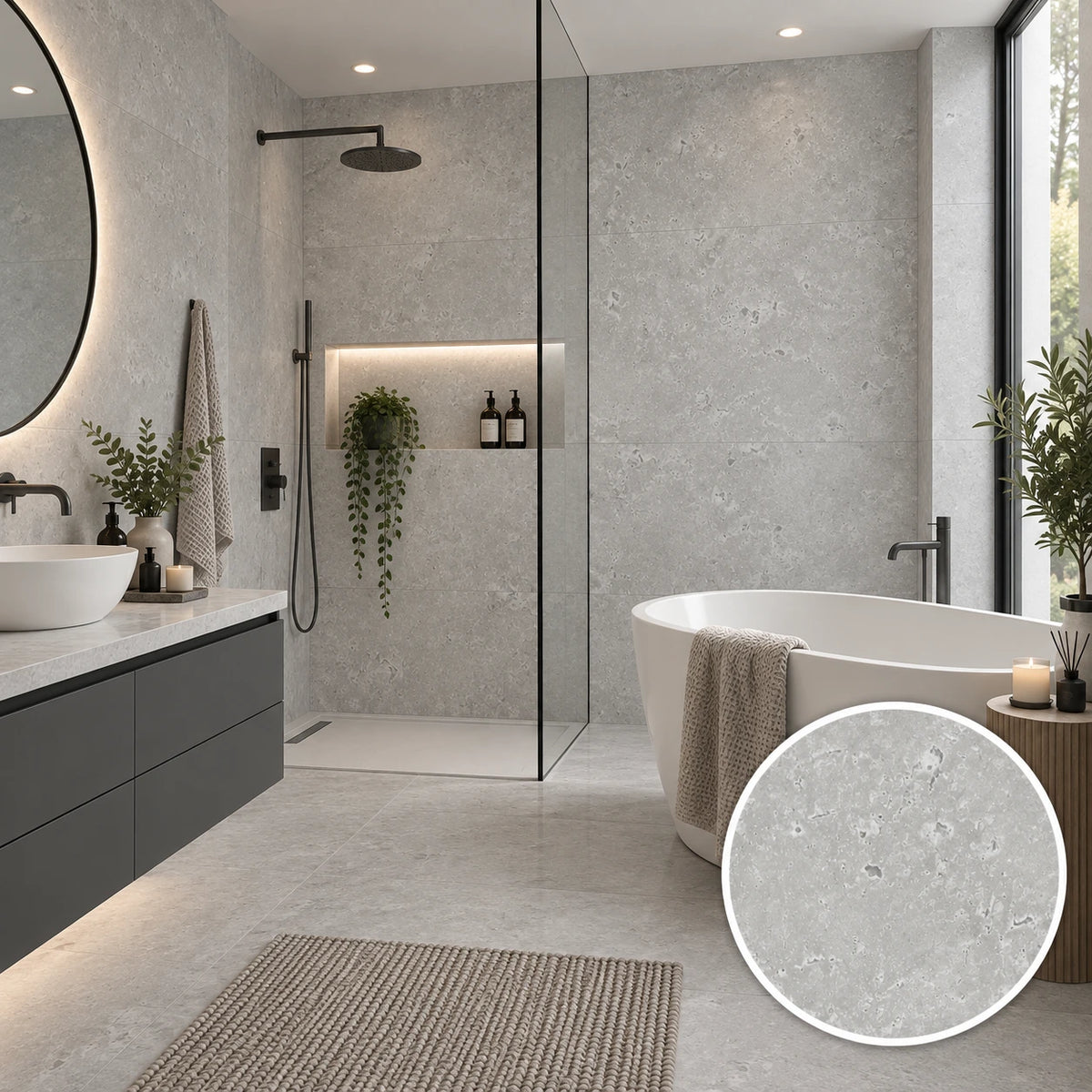A modern bathroom interior with light gray stone-look tiles, a freestanding white bathtub with a draped beige towel, a glass shower enclosure, a dark floating vanity, and a circular inset showing a close-up of the tile texture.