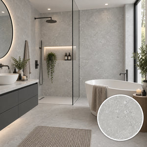 A modern bathroom interior with light gray stone-look tiles, a freestanding white bathtub with a draped beige towel, a glass shower enclosure, a dark floating vanity, and a circular inset showing a close-up of the tile texture.