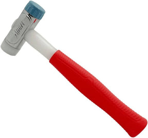 A rubber mallet hammer with a bright red textured handle, a white shaft, a silver metal head, and a light blue rubber tip, shown on a plain white background.