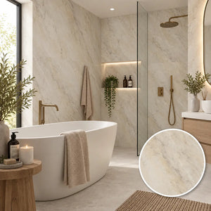A modern bathroom interior featuring light beige marble-look tiles, a white freestanding bathtub with a draped towel, a glass shower enclosure, brass fixtures, and a circular inset showing a close-up of the marble surface texture.