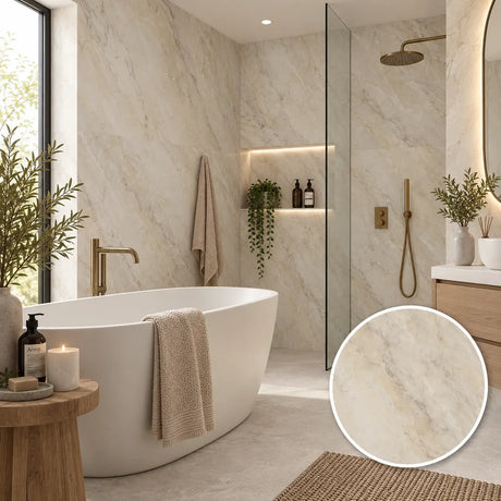 A modern bathroom interior featuring light beige marble-look tiles, a white freestanding bathtub with a draped towel, a glass shower enclosure, brass fixtures, and a circular inset showing a close-up of the marble surface texture.