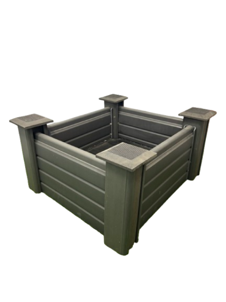 A planter box made of dark gray composite boards and posts