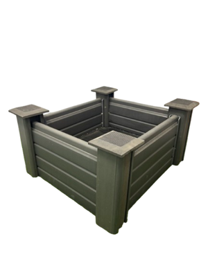 A planter box made of dark gray composite boards and posts