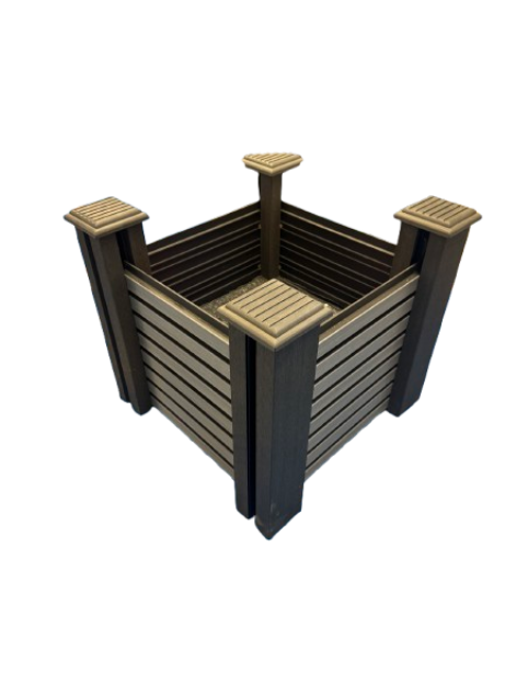 A square outdoor planter box made of Composite with light black posts and top caps