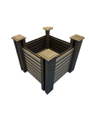 A square outdoor planter box made of Composite with light black posts and top caps