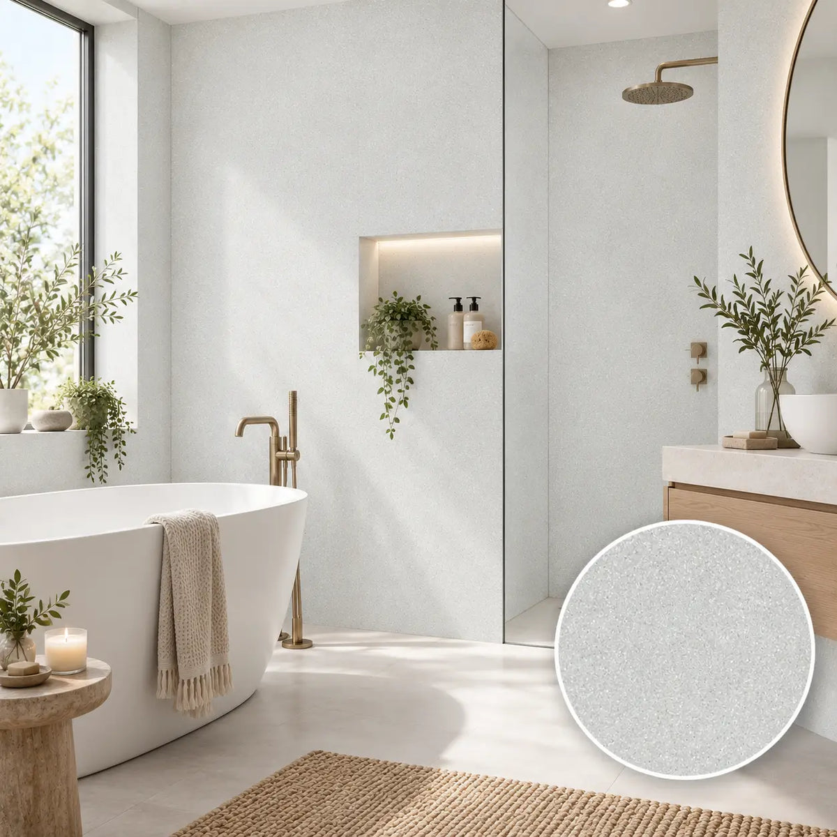 A modern bathroom interior with a freestanding white tub, glass shower enclosure, wood vanity, and a circular inset showing a light gray textured surface sample. The room is styled with plants, candles, and natural light.