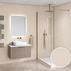 A modern bathroom design featuring a floating vanity with a white vessel sink, a wall-mounted mirror with LED lighting, and a glass shower screen with brass hardware. A circular inset in the bottom right shows a close-up of the textured beige wall finish.