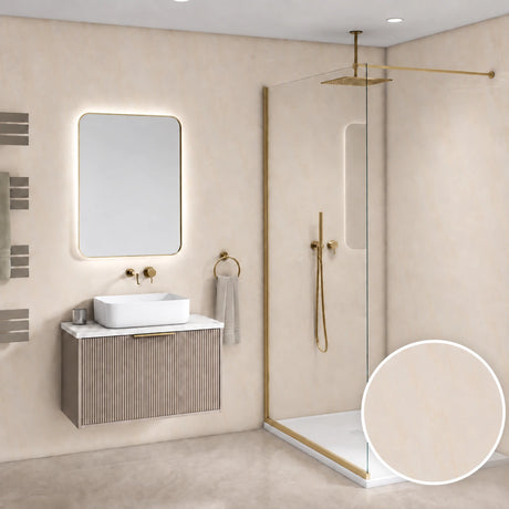 A modern bathroom design featuring a floating vanity with a white vessel sink, a wall-mounted mirror with LED lighting, and a glass shower screen with brass hardware. A circular inset in the bottom right shows a close-up of the textured beige wall finish.