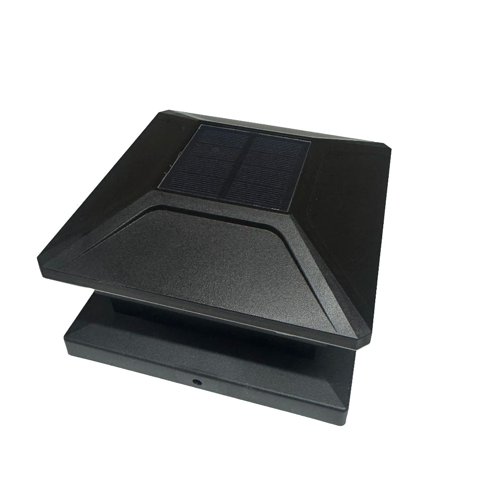 A black square solar light fixture with a raised top cover and a visible solar panel on the upper surface, shown on a plain white background.
