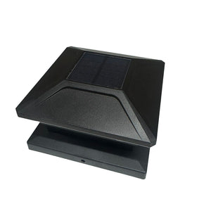 A black square solar light fixture with a raised top cover and a visible solar panel on the upper surface, shown on a plain white background.