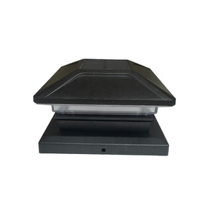 A black square solar light cap with a tiered roof design and a rectangular base, shown against a plain white background.
