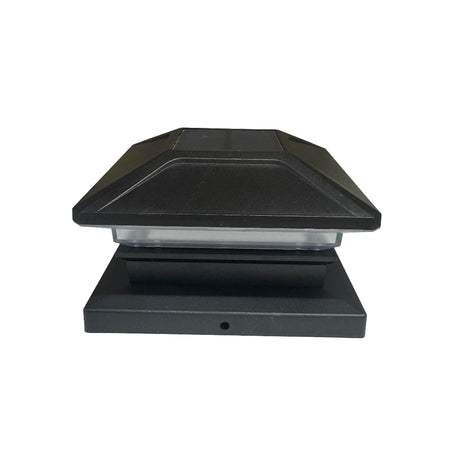 A black square solar light cap with a tiered roof design and a rectangular base, shown against a plain white background.