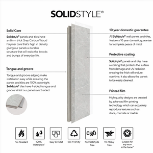 SolidStyle panel with features and benefits listed on a white background