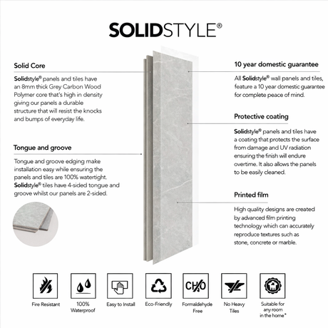 SolidStyle panel with features and benefits listed on a white background