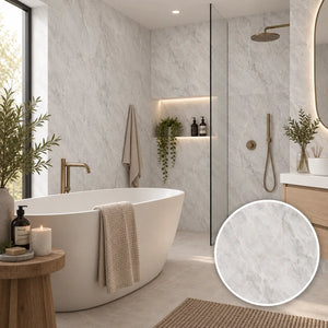 A modern bathroom scene featuring a white freestanding bathtub, a glass shower enclosure, and light gray marble-look wall and floor tiles. A circular inset at the bottom right shows a close-up of the marble texture.