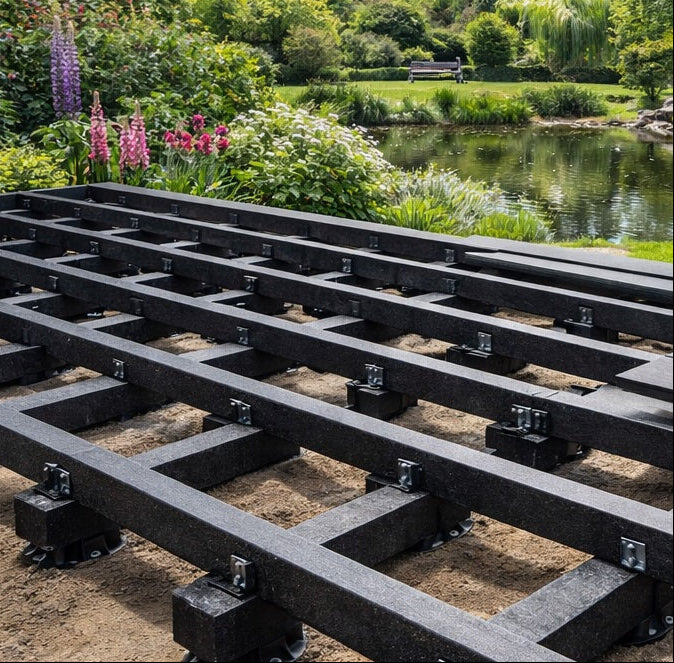 Black composite deck framework in a garden 