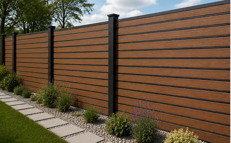 A modern wooden privacy fence with horizontal brown slats and black posts, installed in a landscaped garden with a stone path, green grass, and plants under a blue sky.