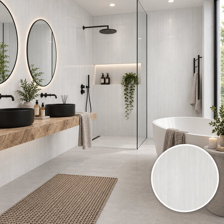 A modern bathroom interior with a freestanding white bathtub, double black vessel sinks on a wood countertop, round mirrors, a glass shower enclosure, and a woven bath rug. A circular inset at the bottom right shows a close-up of the bathtub's white textured finish.