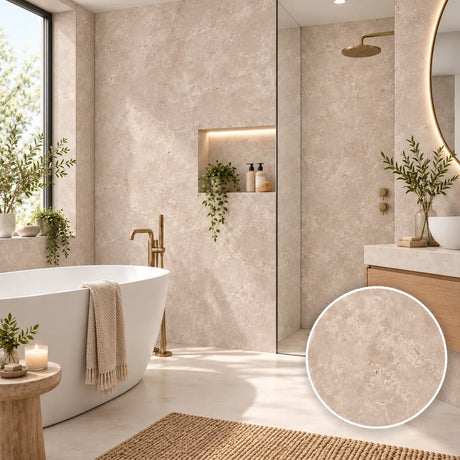 A modern bathroom interior featuring warm beige textured wall tiles, a white freestanding bathtub, a glass shower enclosure, and a circular inset showing a close-up of the tile pattern.