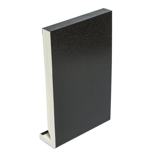 Close-up of a 405mm black fascia board, emphasizing its extra-wide coverage and high-quality, durable construction.