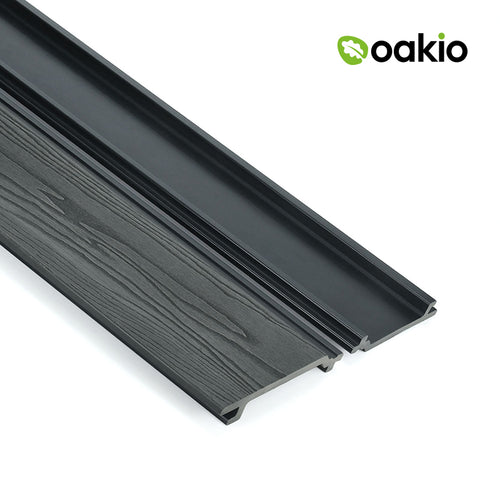 A single grey composite wall cladding board with a wood grain pattern, branded by Oakio.